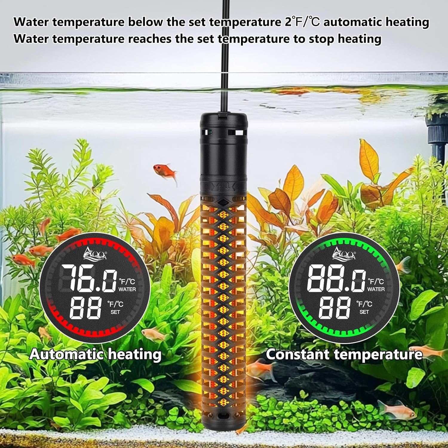 AQQA 800W Aquarium Heater, Fish Tank Heater with Digital Thermostat, Over-Temperature and Dry-Run Protection, for 90-150 Gallon Freshwater, Saltwater, Turtle Betta Fish Tank Aquarium