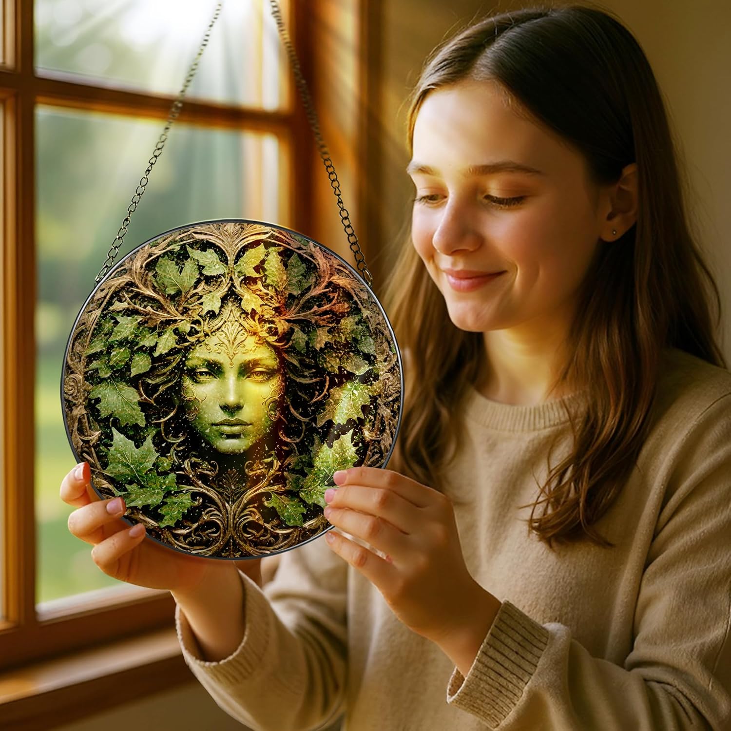 Green Man Stained Glass Suncatcher, Stained Glass Window Hanging, 8 Inch Window Decor Hanging, Gift for Garden Lovers, Mothers Day Birthday Gifts for Mom Grandma Women Sister Wife Lady Lover