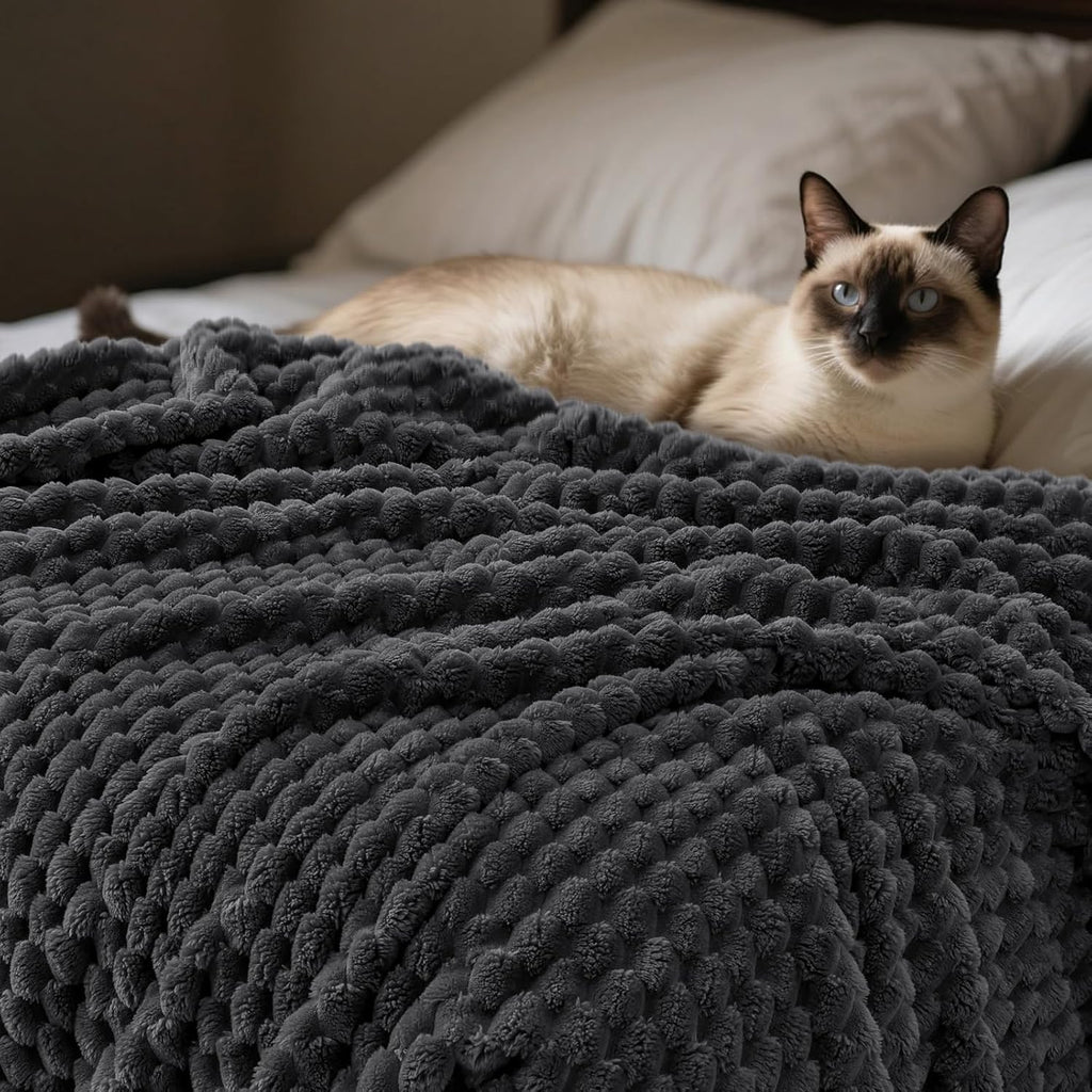 PHF Ultra Soft Flannel Fleece Blanket Queen Size, Lightweight 3D Jacquard Fleece Blanket, No Shedding, No Pilling, Luxury 340GSM Aesthetic Fluffy Cozy for Bed Room Decor, 90"x90", Dark Grey