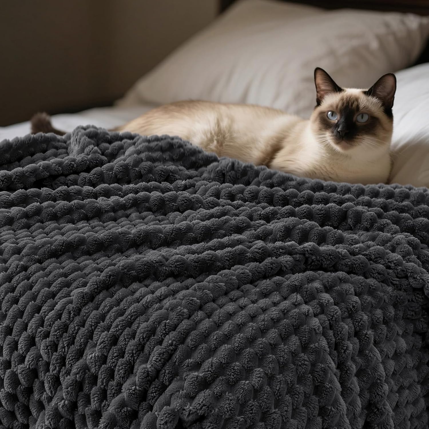 PHF Ultra Soft Flannel Fleece Blanket Twin Size, Lightweight 3D Jacquard Fleece Blanket, No Shedding, No Pilling, Luxury 340GSM Aesthetic Fluffy Cozy Bedding for Bed Room Decor, 66"x90",Dark Grey