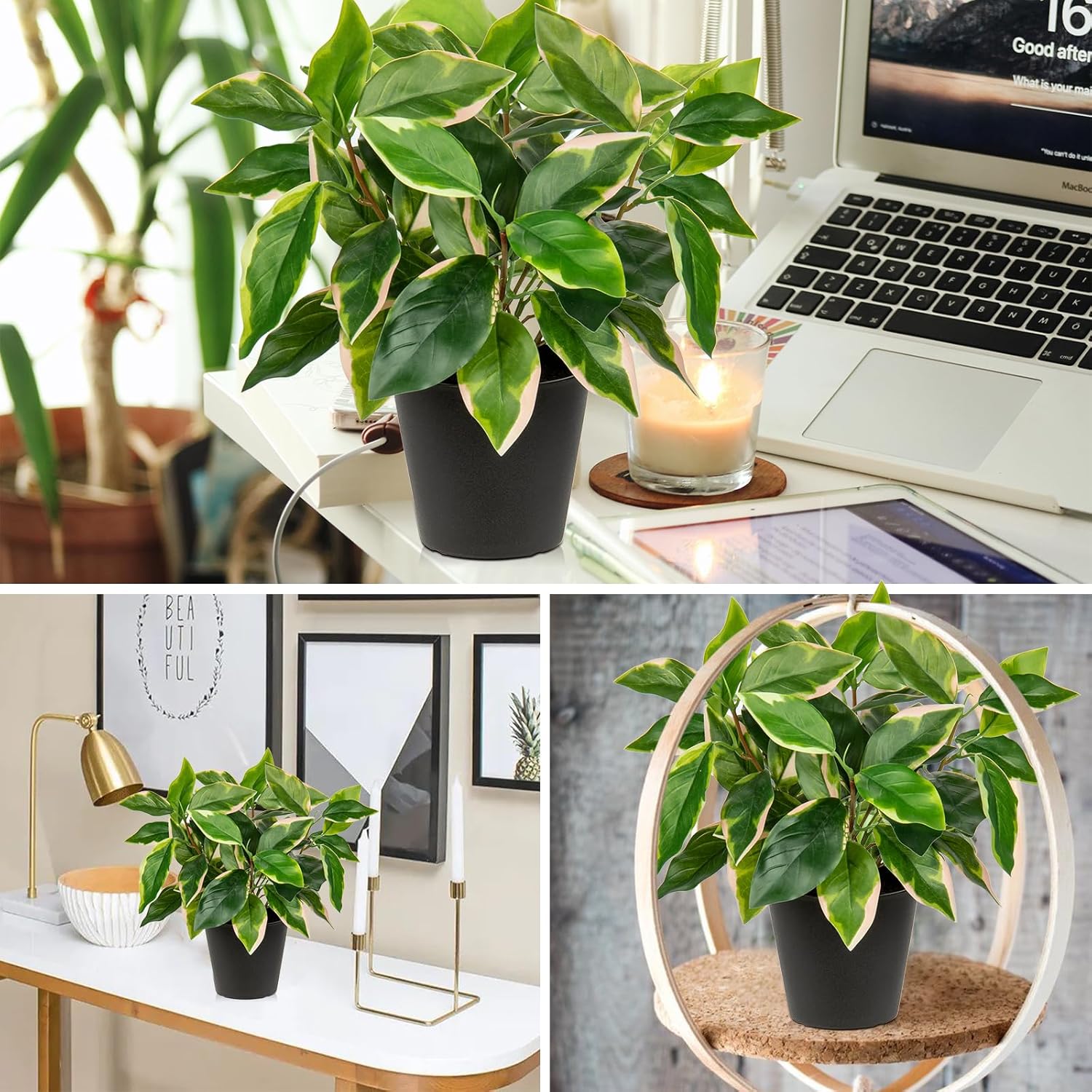 Oairse Artificial Plants Indoor Small Fake Plants in Pots Faux Pothos N‘ Joy Potted Plant Fake Indoor Plants with Black Pots for Bathroom Living Room Office Desk Shelves