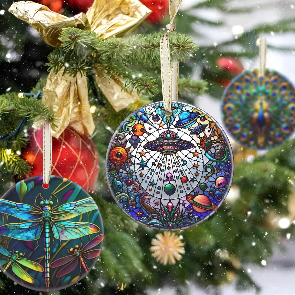 2025 UFO & Alien Christmas Tree Ornament - Christmas Decoration, Round Ceramic Holiday Decor, Gift Idea for Friends