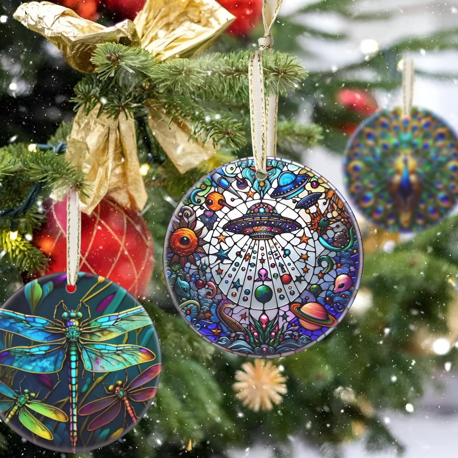 2025 UFO & Alien Christmas Tree Ornament - Christmas Decoration, Round Ceramic Holiday Decor, Gift Idea for Friends