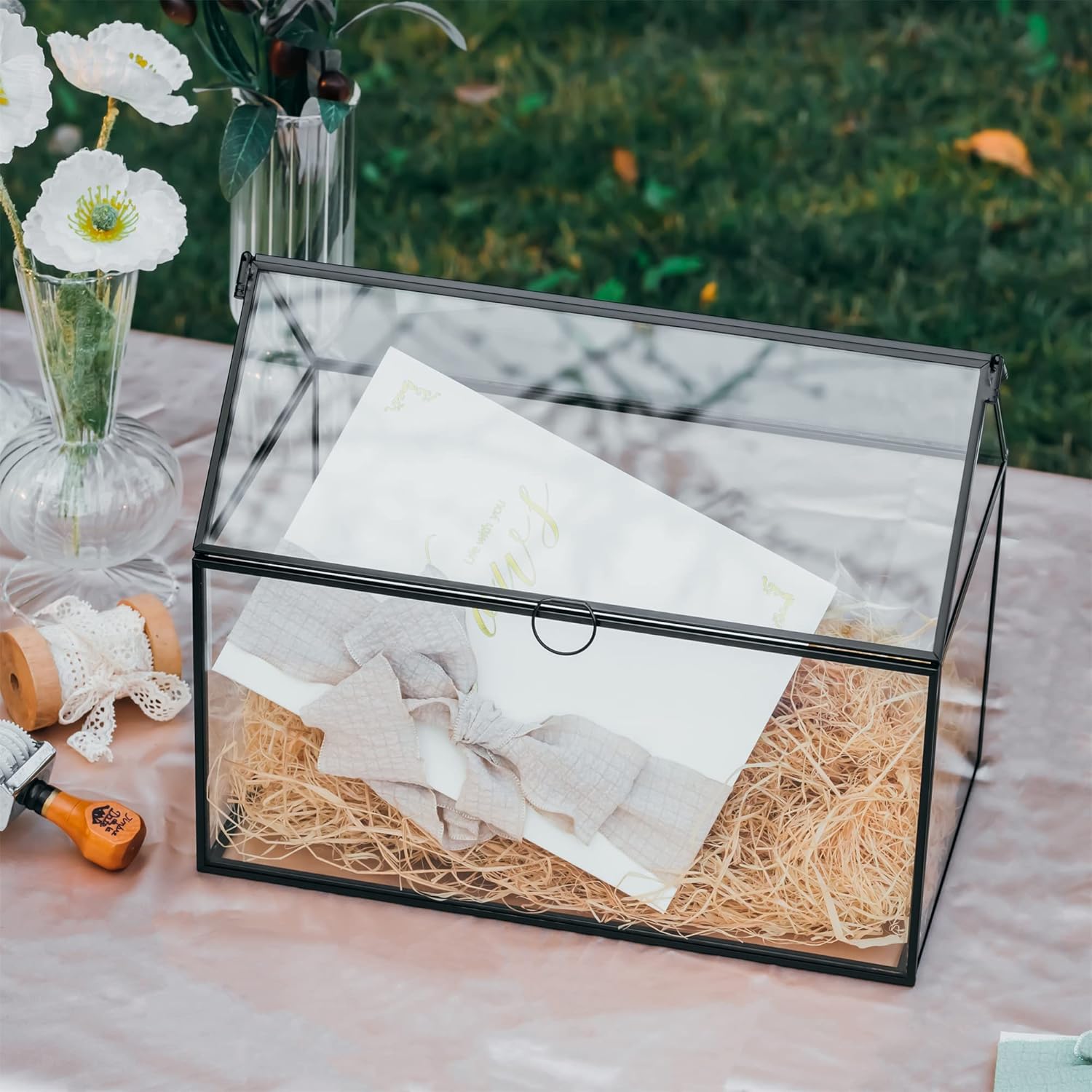 NCYP Glass Cards Box with Lid for Wedding, Birthday, Party Reception - 10.2x5.9x8.2 Inches House Shape Card Holder, Home Decor, Large Succulents Terrarium Planter, Black (Glass Box Only)
