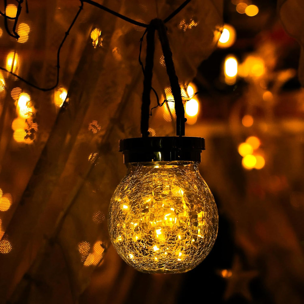Cooo Christmas Gifts 6 Pack Heavy Crackle Glass Solar Lantern with 30 LED Firefly Lights– Waterproof Outdoor Hanging Lamp 215% Larger Solar Panel, Stainless Steel Lid Decorative Lighting for Garden