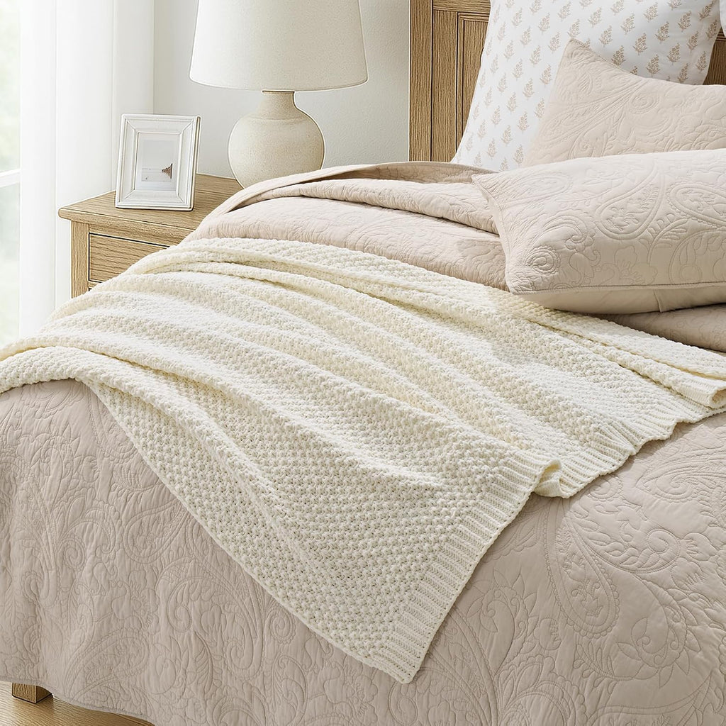 EVERGRACEHOME Chunky Chenille Knit Throw Blanket for Couch, Soft Luxurious Moss Stitch Blankets for Bed, Cozy Decorative Farmhouse Knitted Throws for Sofa, Ivory White, 50" x 60"
