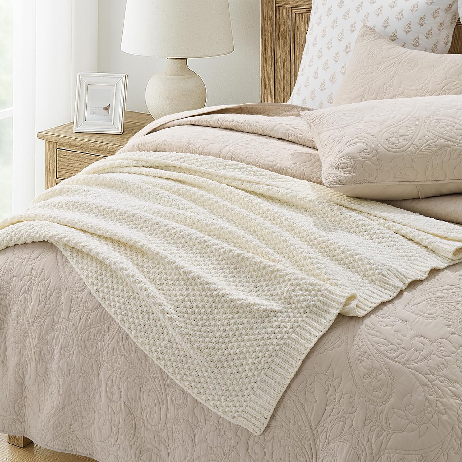 EVERGRACEHOME Chunky Chenille Knit Throw Blanket for Couch, Soft Luxurious Moss Stitch Blankets for Bed, Cozy Decorative Farmhouse Knitted Throws for Sofa, Ivory White, 50" x 60"