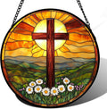 Christian Gifts for Women - Cross Stained Glass Window Hanging Easter Daisy Natural Landscape Sun Catcher Garden Religion Decor Mother's Day Catholic Gift for Men Grandma Mom Her Nana 15"