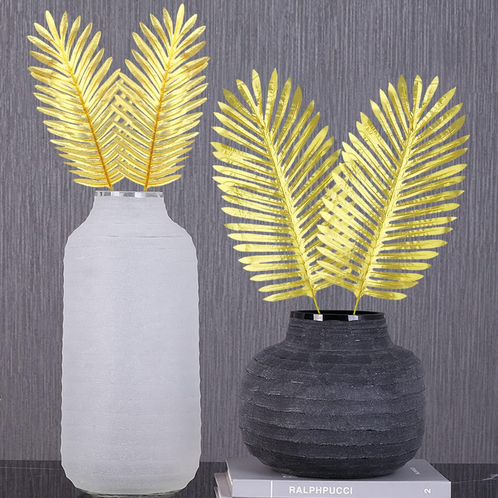 KIMOBER 12PCS Artificial Gold Palm Leaves,Large Golden Faux Tropical Palm Leaves Realistic Ferns Artificial Plants Leaf for Home Hawaiian Luau Party Jungle Beach Decorations