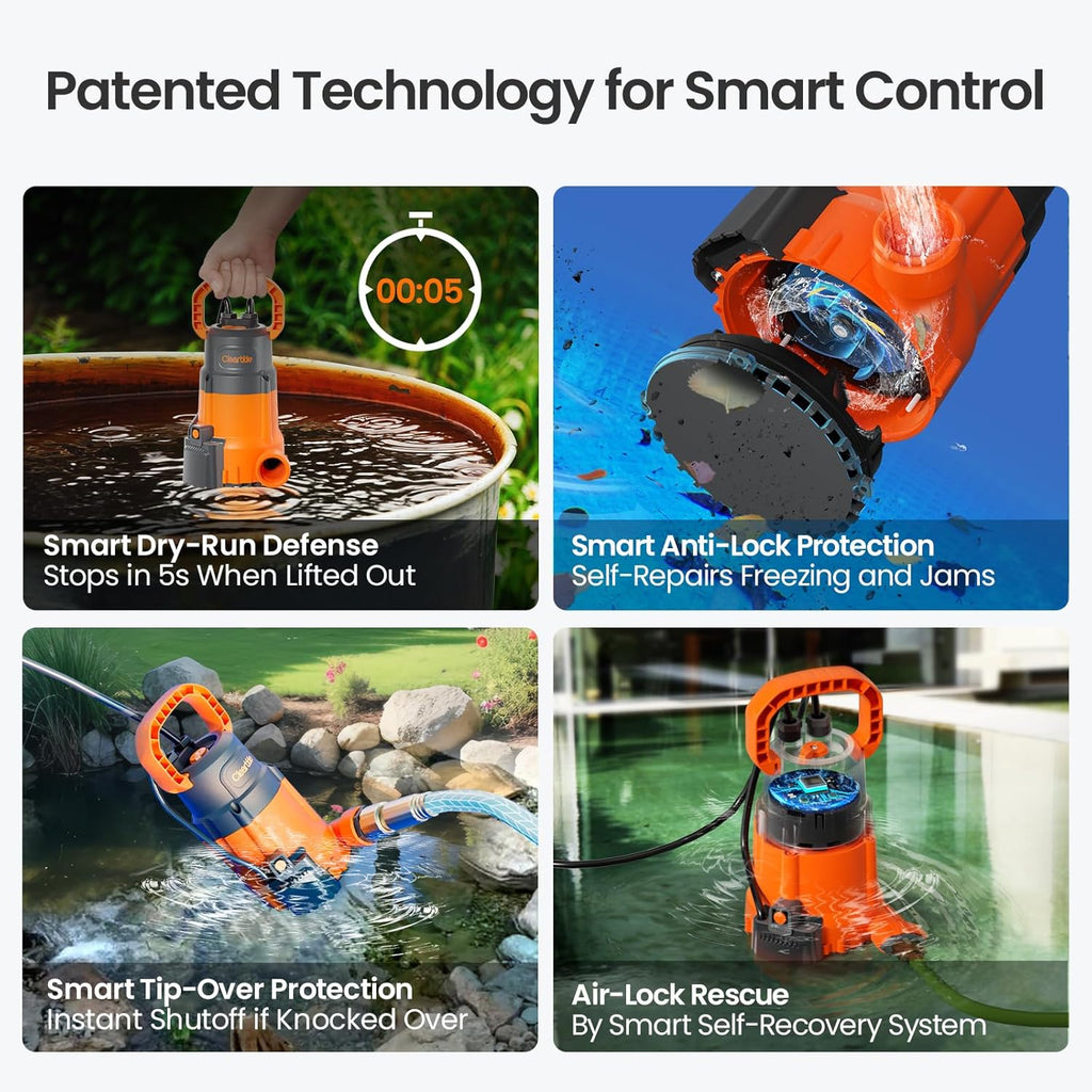 Cleartide Submersible Sump Pump, Smart Water Sensor Auto On/Off, Manual/Auto Mode, 1/3HP 2790GPH Multi-Use Utility Water Pump for Pool/Basement/Garden Drainage