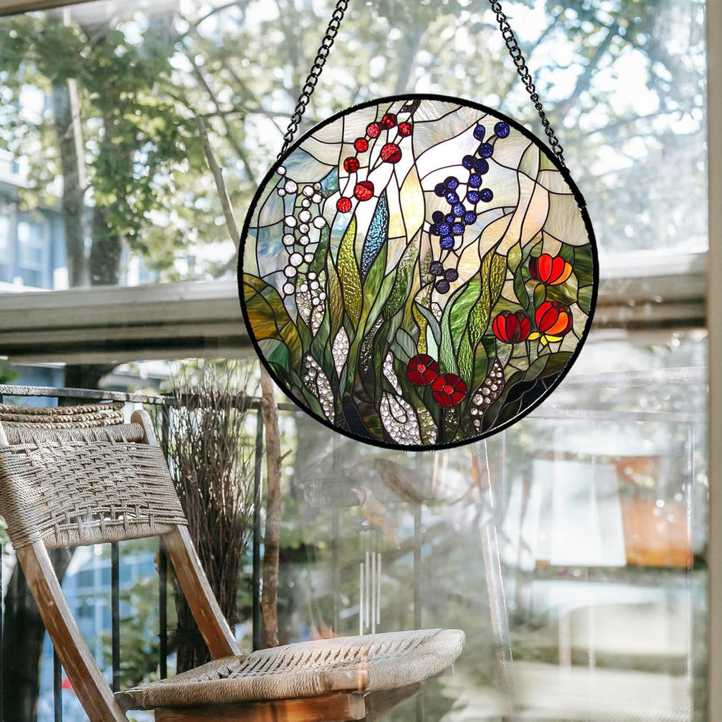 Stained Glass Window Hanging Red Purple Flowers Berry Green Plants 9.8" - Suncatcher Door Garden Sun Catcher Home Decor Birthday Christmas for Mom Men Woman Friend