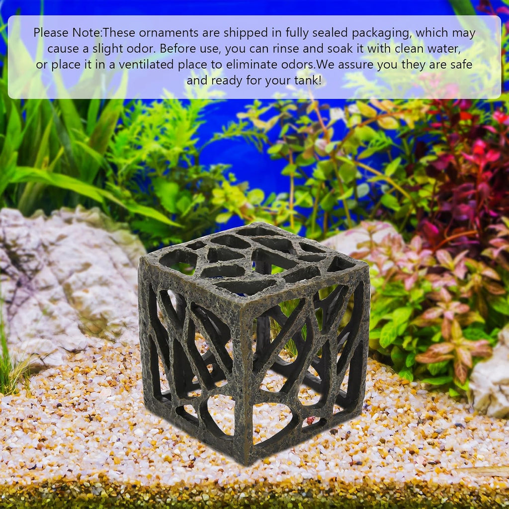 Cube Aquarium Decoration Resin-Modern Hollow Geometric Fish Tank Ornament for Shrimp & Plant Tanks-Approx. 4.1" L x 4.1" W x 4.1" H(Cube)