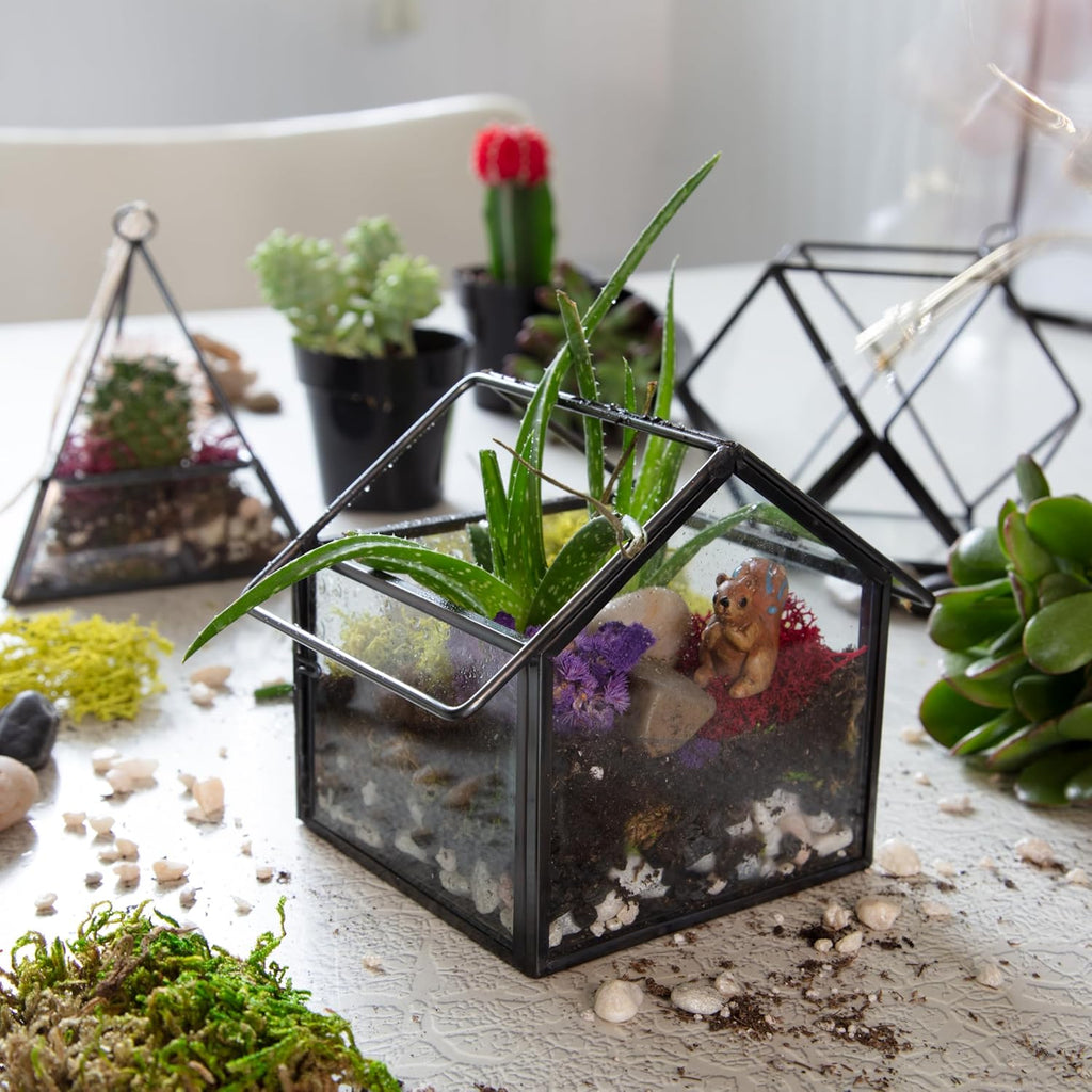 D'Eco Glass Mini Geometric Plant Terrariums, 3Pk- Hanging Triangle, House & Prism Planters for Home Decor - Fill w/Succulents, Holiday Decorations, Mini Trees & Ornaments- Xmas Gift for Plant Lovers