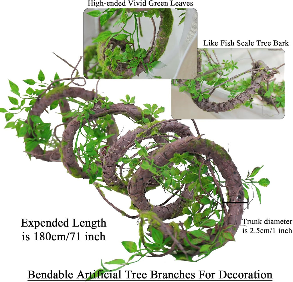 71inch Artificial Posable Tree Branches Hanging Bendable Moss Greenery Garland Faux Tree Vines Twigs Ivy Leaves for Reptiles Climb Outdoor Halloween Canopy Wedding Home Wall Porch Mantel Decoration