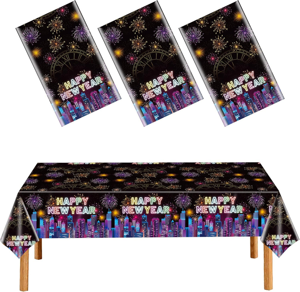 New Years Tablecloth Disposable Plastic Happy New Year Table Cover Colorful Fireworks Tablecloth for NYE Party Decor Favors Supplies 3Pcs 54" X 108"