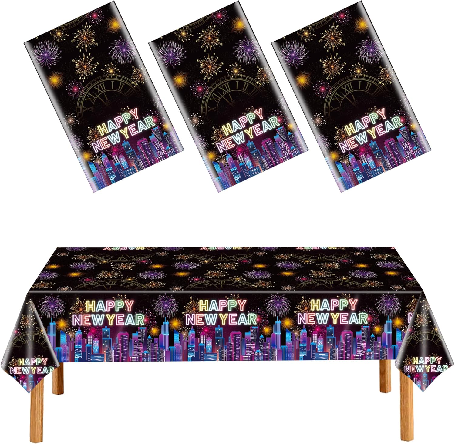 New Years Tablecloth Disposable Plastic Happy New Year Table Cover Colorful Fireworks Tablecloth for NYE Party Decor Favors Supplies 3Pcs 54" X 108"