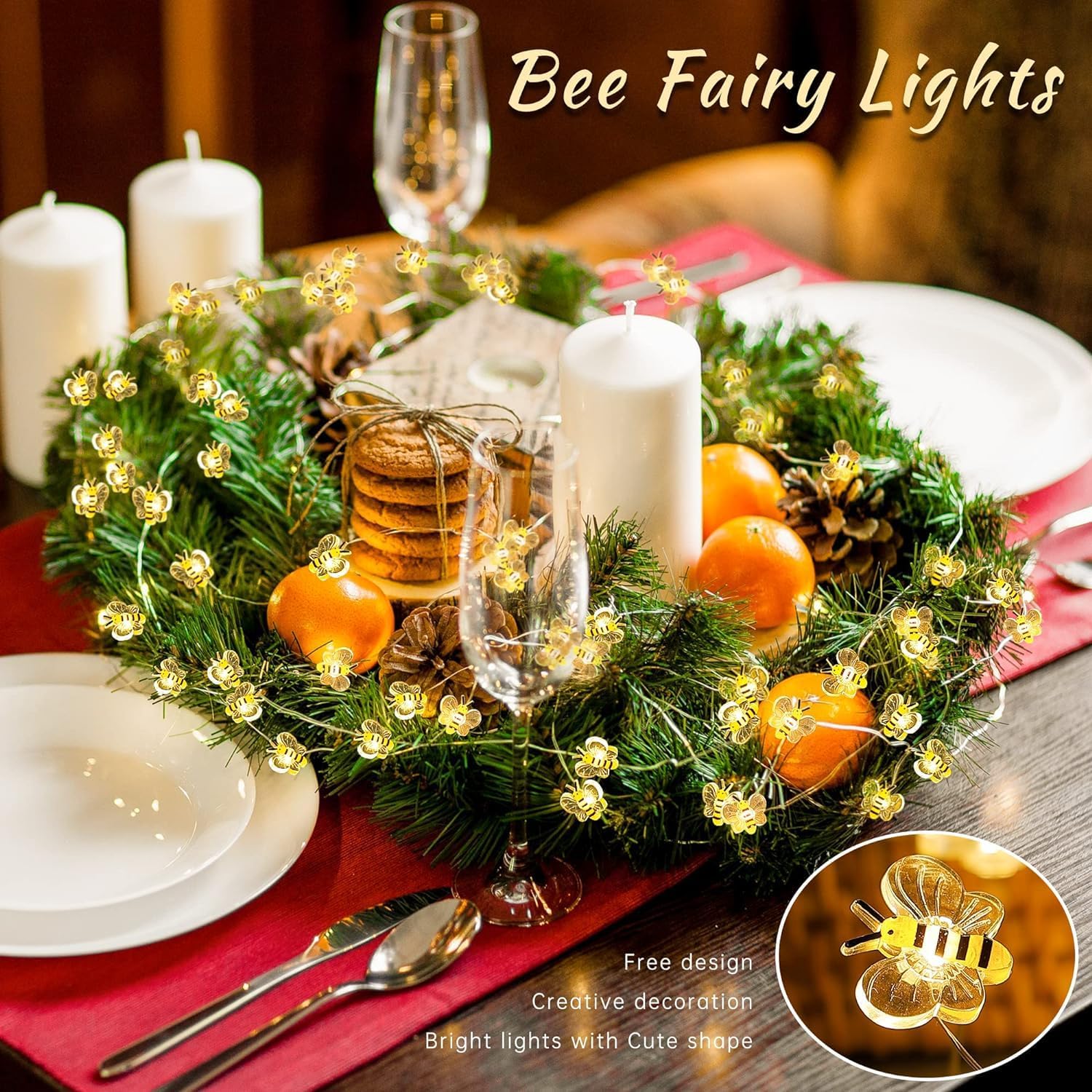 Bee Decor String Lights 10Ft 30 Led Battery Operated Bee Bumble Whimsical Decor Bee Decorations Honey Bee Gifts for DIY, Home, Classroom, Birthday, Kids Room, Garden, Wedding, Party