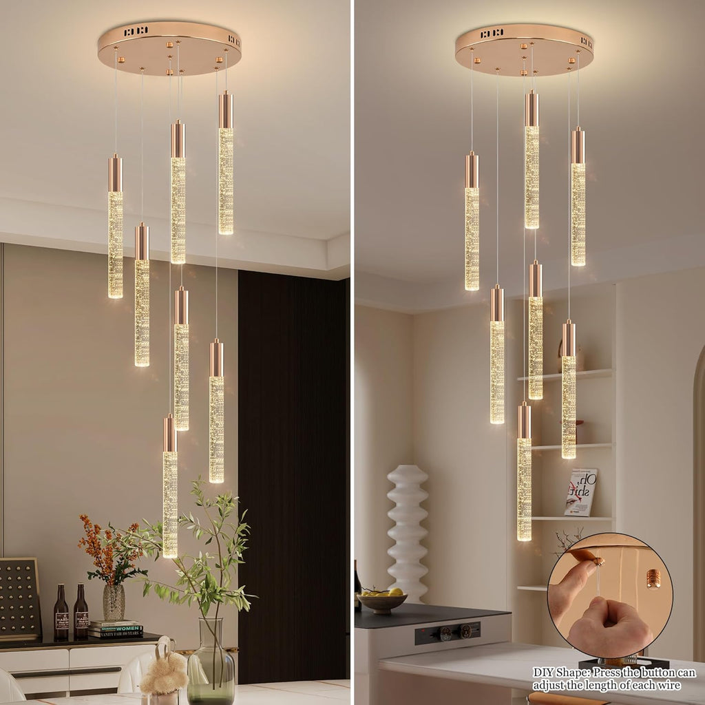 Modern High Ceiling Crystal Chandelier 7-Lights, Spiral LED Raindrop Foyer Pendant Lighting, Bubble Staircase Living Room Hanging Light Fixture Flush Mount Gold