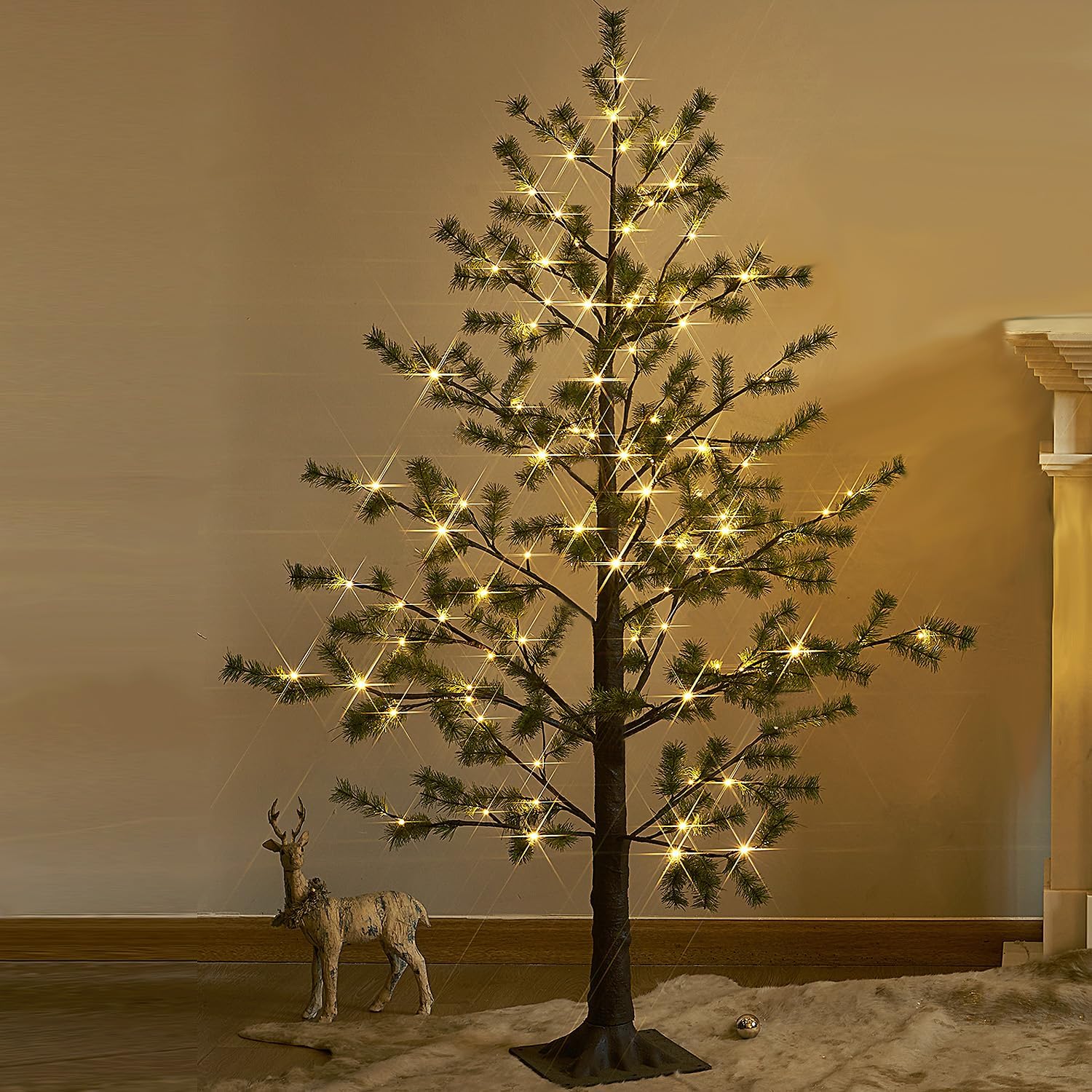 LITBLOOM Pre lit Faux Noway Christmas Pine Tree Lights 6FT 126 Warm White LED for Indoor Outdoor Home Decoration