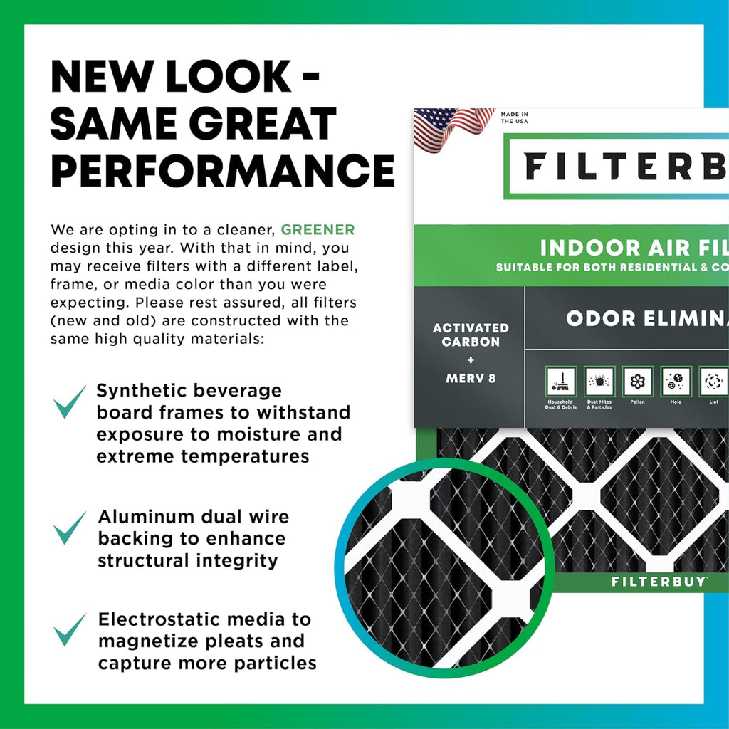 Filterbuy 14x14x1 Air Filter MERV 8 Odor & Allergy Defense with Activated Carbon (2-Pack), Electrostatic Pleated HVAC AC Furnace Filters Replacement, Made in USA (Actual Size: 13.75 x 13.75 x 0.75)