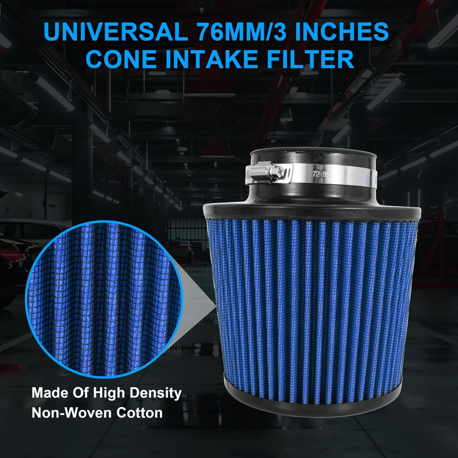 Cold Air Intake Filter High Performance Washable Filter Clamp-On Replacement Air Filter Flange Diameter 3inch/76mm Blue