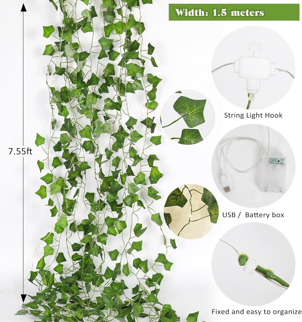 RECUTMS Vines with Lights Strings 59 Inches Wall Leaves Artificial Ivy Greenery Garland Fake Green Decorations Hanging Silk Leaf Plant All Year Round for Garden Office Wedding Table