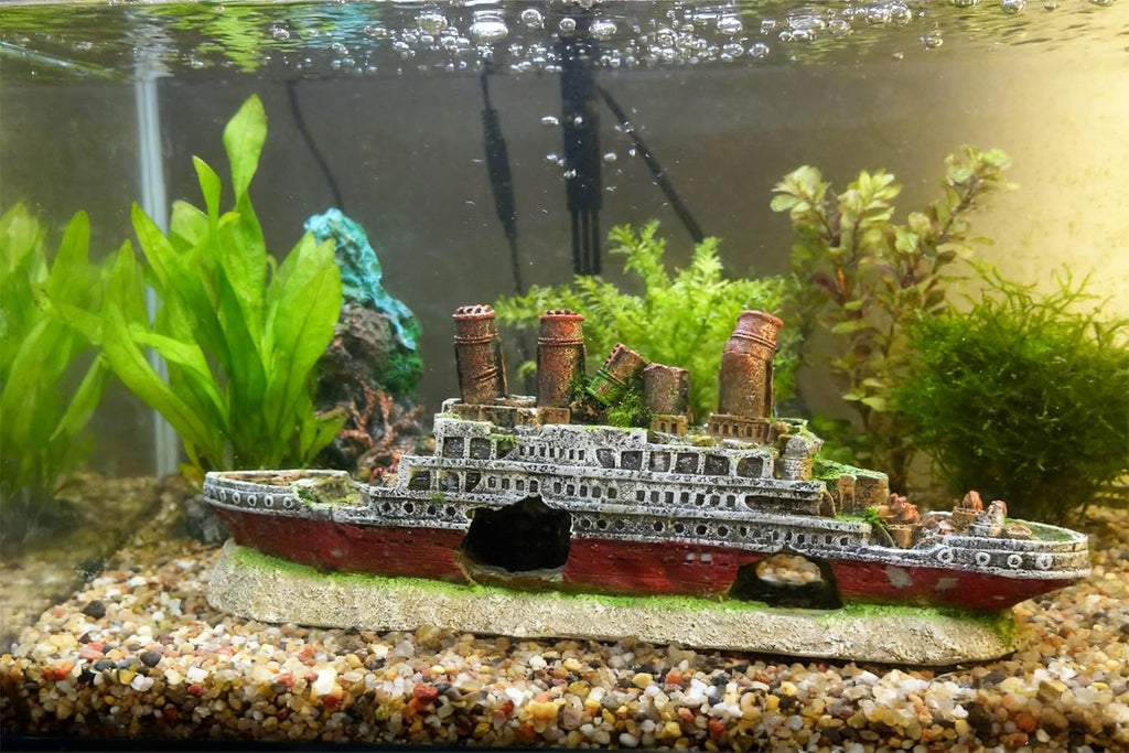 Aquarium Titanic Sunken Ship Decor, Resin Pirate Shipwreck Ornament, Fun Underwater Hideout for Fish & Tank Landscaping (Full Version)