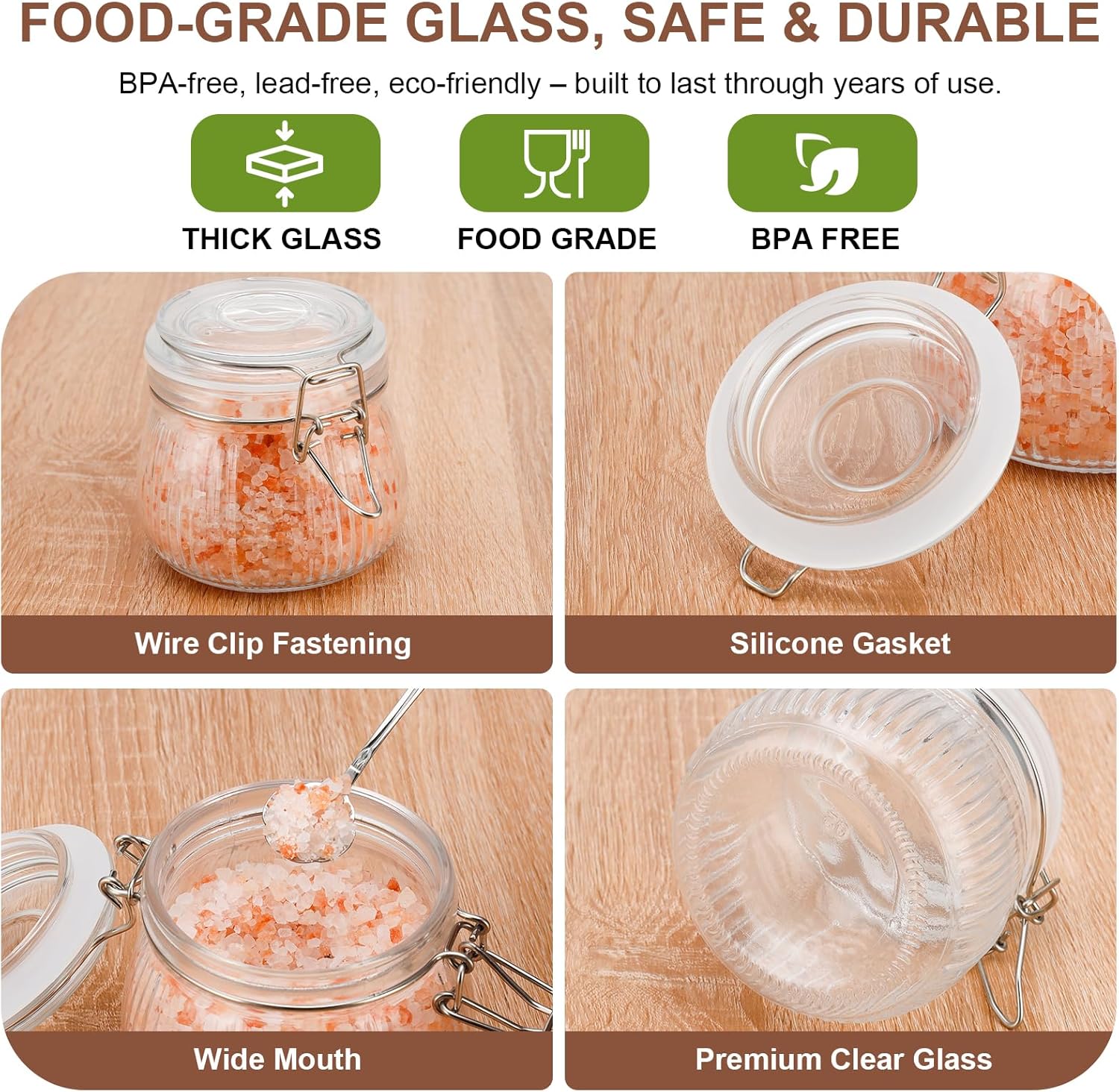17oz Airtight Glass Jars with Lids, Small Food Storage Container Set of 6, Wire Clip Canisters Mason Jars for Canning Pickling Spice Herb