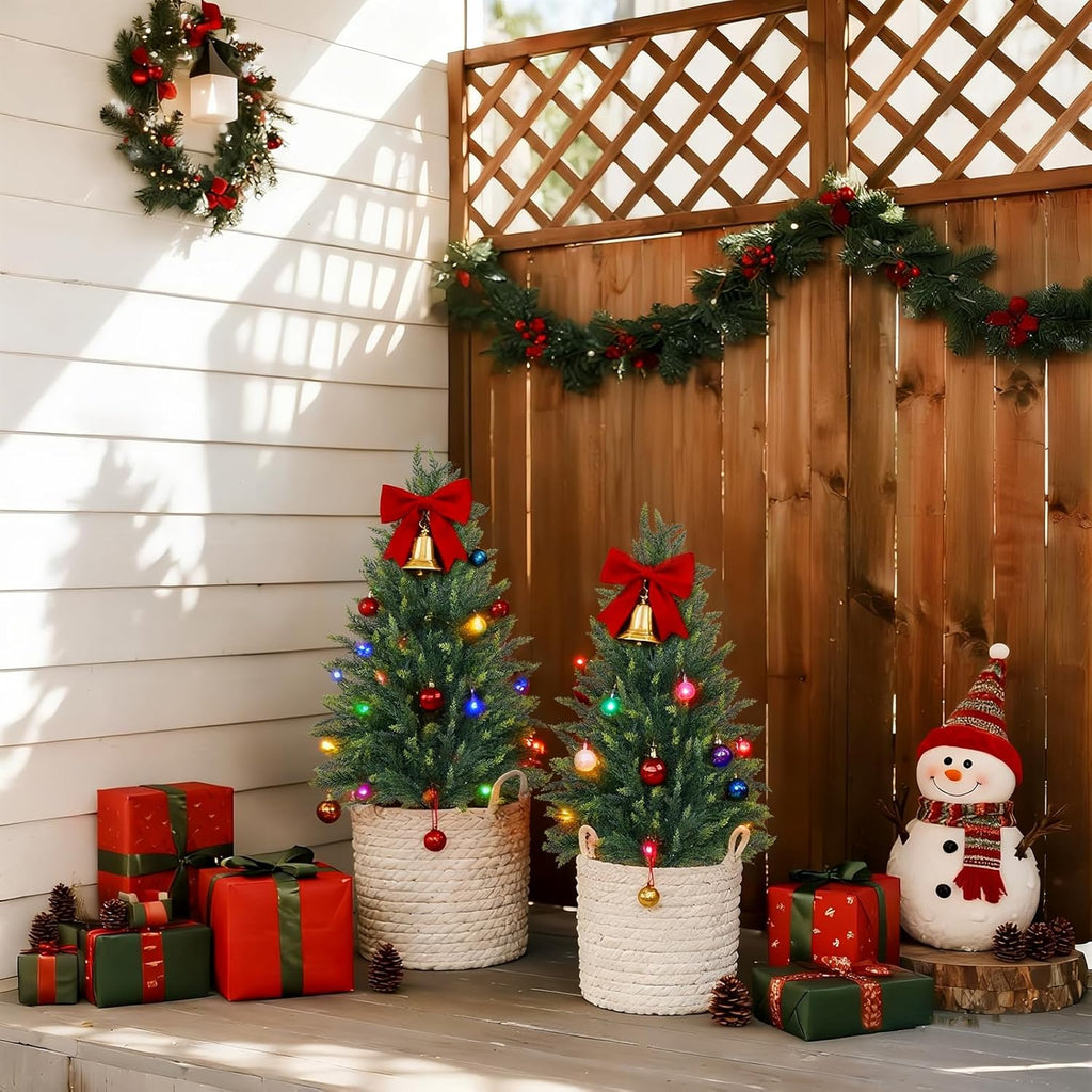 3FT Artificial Cedar Topiary Tree Set of 2, Faux Evergreen Pine Shrubs Plants with Pot, Realistic Fake Plants for Indoors Outdoors Front Porch Christmas Decor