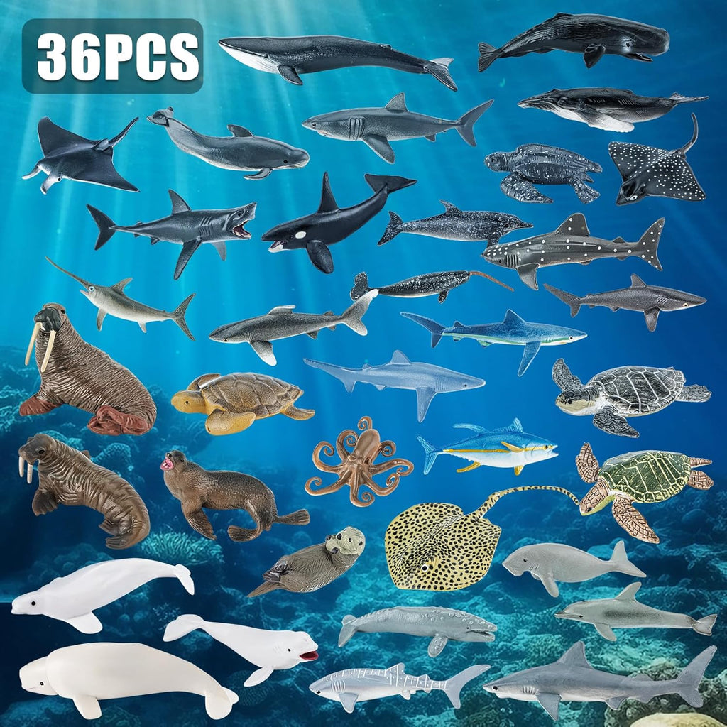 36PCS Sea Animal Toys with Shark, Whale, Octopus & Other Ocean Animal FigurinesToys for Kids, Ocean Theme Cake Toppers Party Favors Birthday Gift for Boys Girls