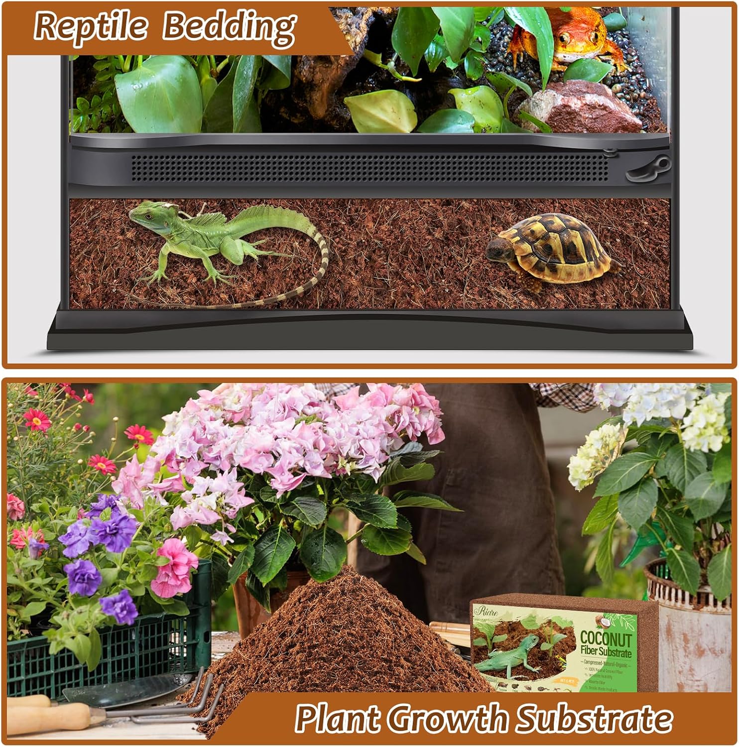 Riare 8 Pack Natural Coconut Fiber Substrate for Reptile- Premium Compressed Coconut Husk Terrarium Bedding for Reptile, Tortoise, Frogs, Snakes Hermit Crabs, Burrowing Animals