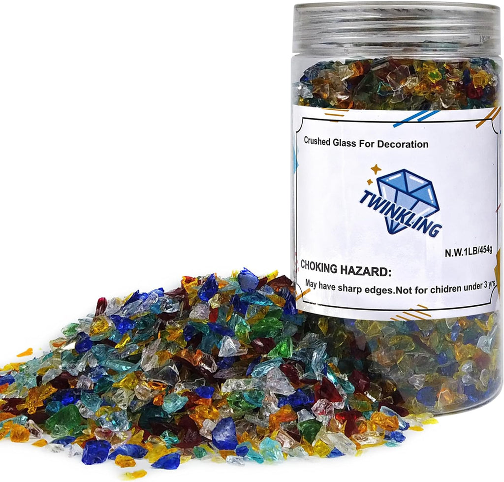TWINKLING High Luster Fire Glass Gravel Stone Glitter,Broken Glass,Fire Gems Chips,Crushed Glass for Fire Pit Crafts Resin Art Aquarium Garden Decoration,3-6mm,1-Pound Jar (Mixted Color)