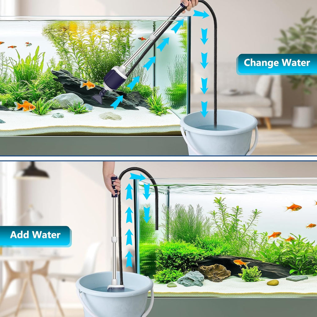 AQQA DC Fish Tank Cleaner, Electric Aquarium Water Changer with 6-in-1 Cleaning Heads & 3-Stage Filter Cup – Stainless Steel Handle Gravel Vacuum for Fish & Turtle Tanks, Adjustable Flow 34W 600GPH