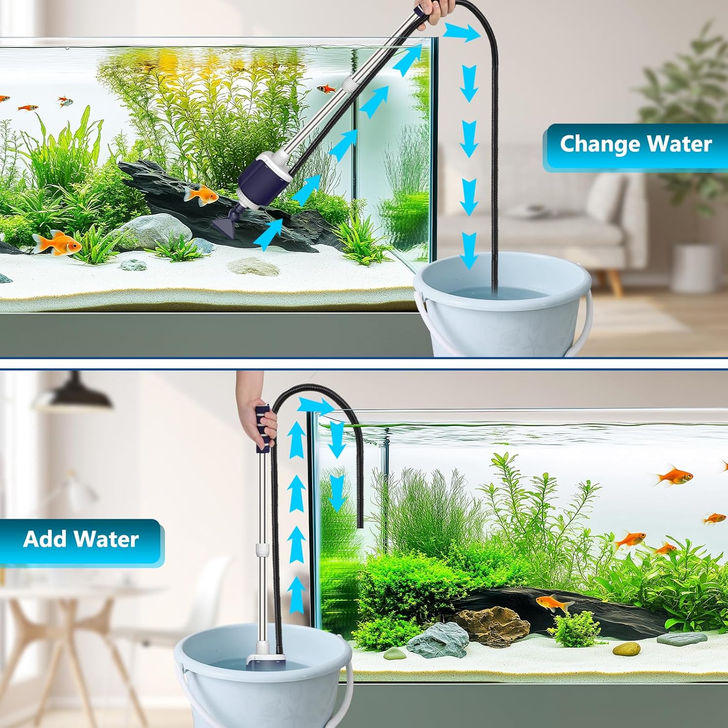 AQQA DC Fish Tank Cleaner, Electric Aquarium Water Changer with 6-in-1 Cleaning Heads & 3-Stage Filter Cup – Stainless Steel Handle Gravel Vacuum for Fish & Turtle Tanks, Adjustable Flow 34W 600GPH