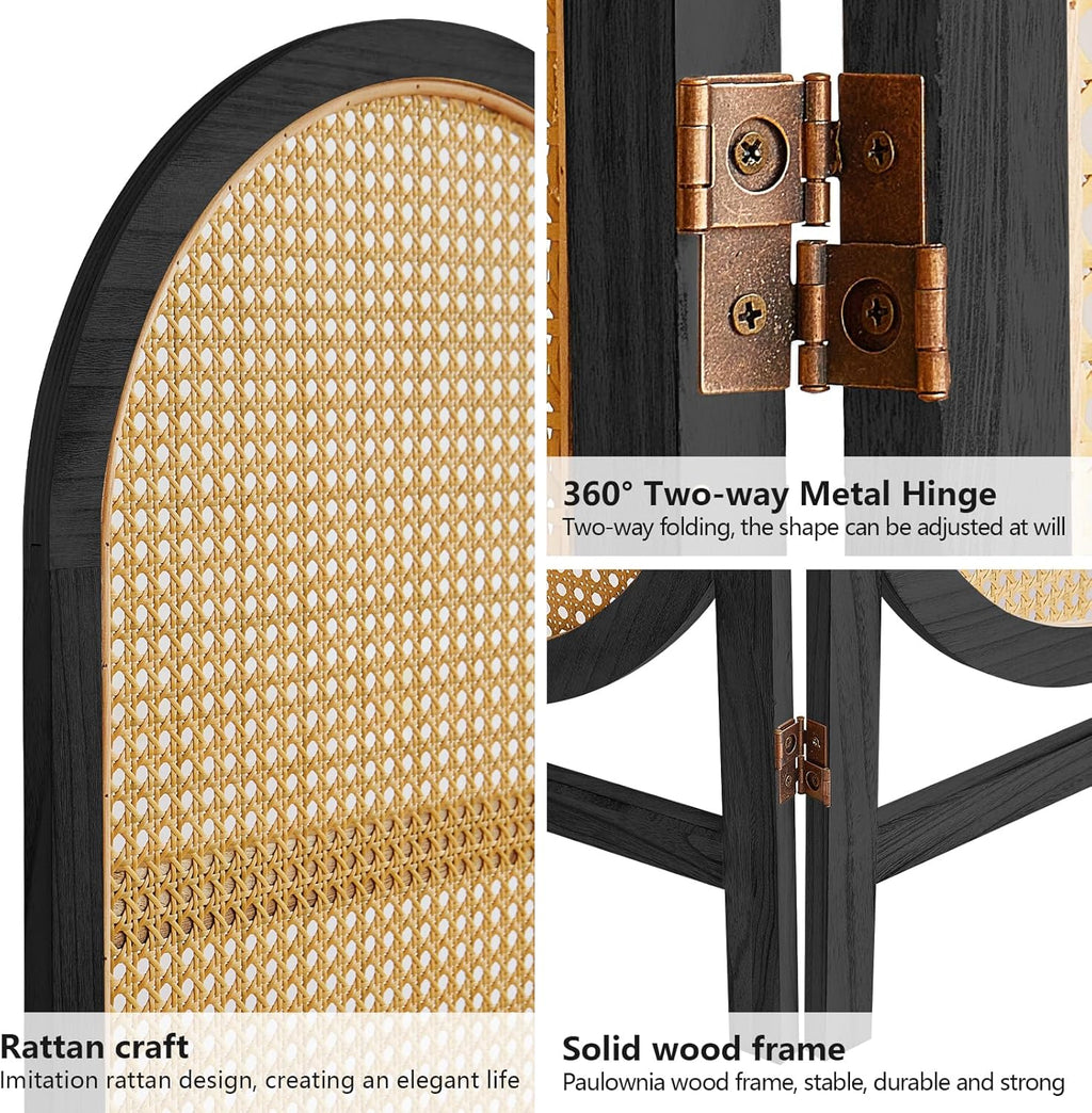 Trifold Room Divider 3 Panel, Folding Room Divider Panel, Rattan Divider Wall, Unique Design Divider Room Screens, Foldable Privacy Screen, Portable Freestanding Partitions Screen (Black)