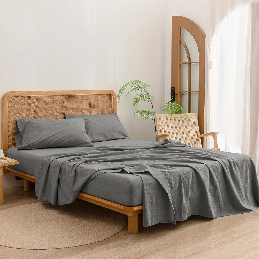 BESTOUCH Sheet Set 100% Washed Cotton Linen Feel Super Soft Comfortable Chic Lightweight 4 Pcs Home Bedding Set Solid Dark Grey Cal King