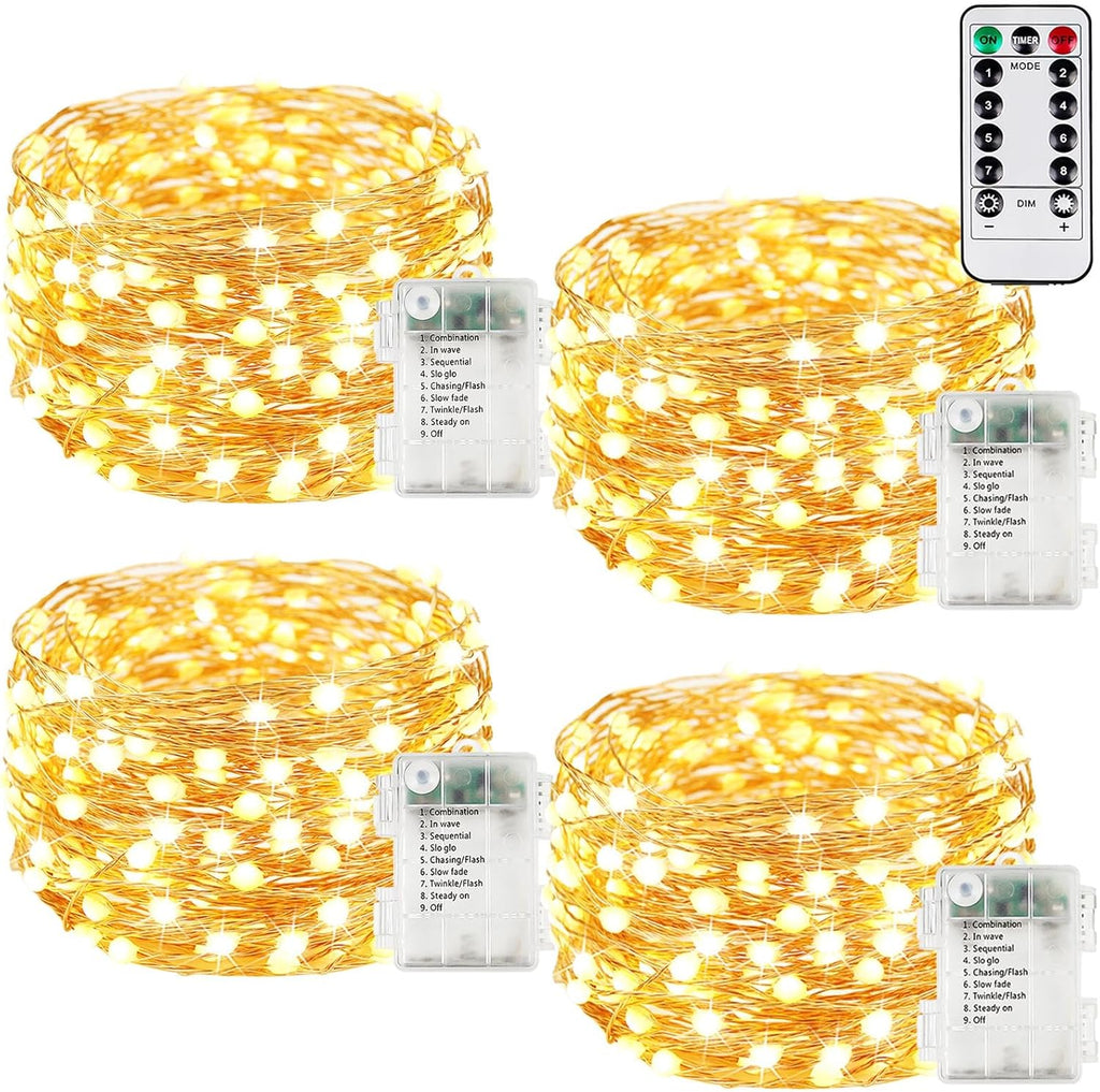 4Pack 240LED Christmas Fairy Lights Battery Operated with Remote, Waterproof String Lights with Timer for Indoor & Outdoor, Twinkle Lights Battery Power for Bedroom Christmas Decorations(Warm White)