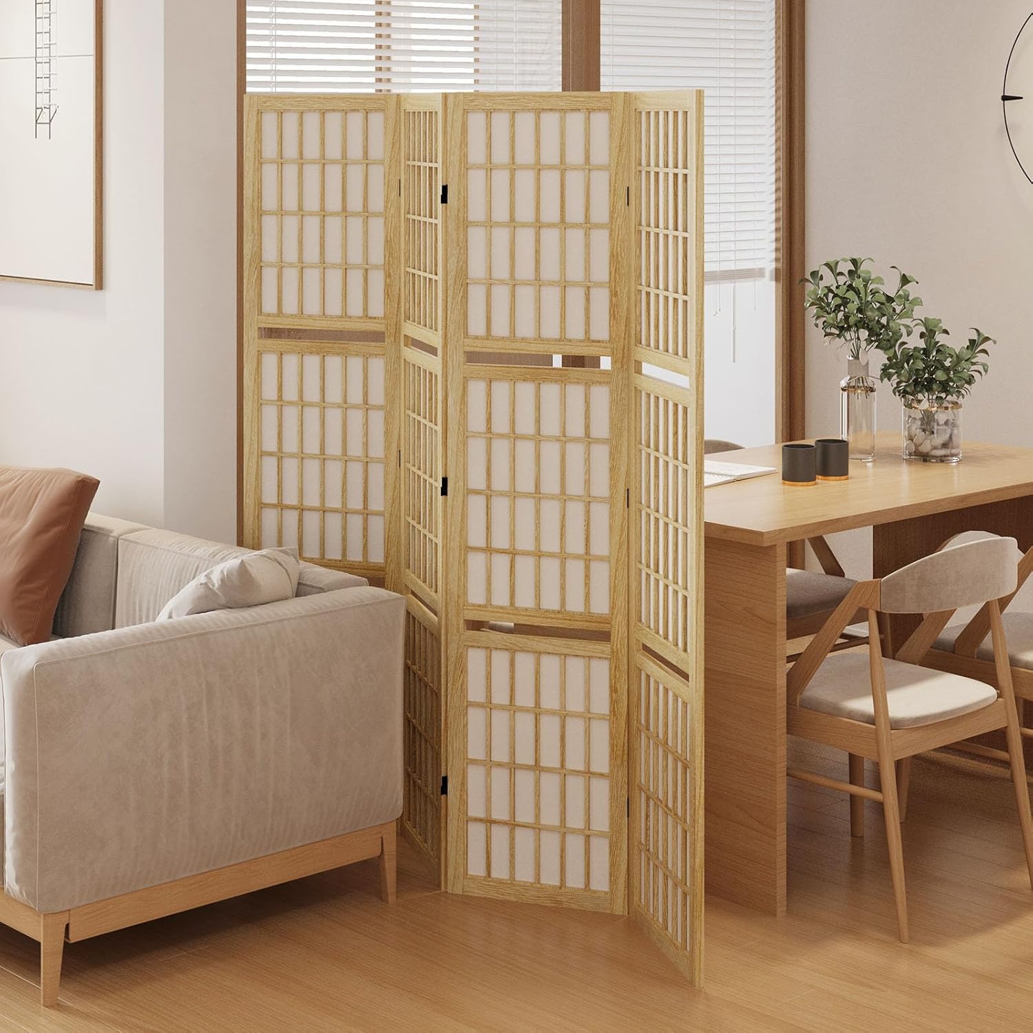 Room Divider with Shelves, 66.9-Inch Tall Japanese Shoji Style Wood Screen with Double Hinges for Home Office Bedroom Hotel Decoration (4 Panels, Natural)