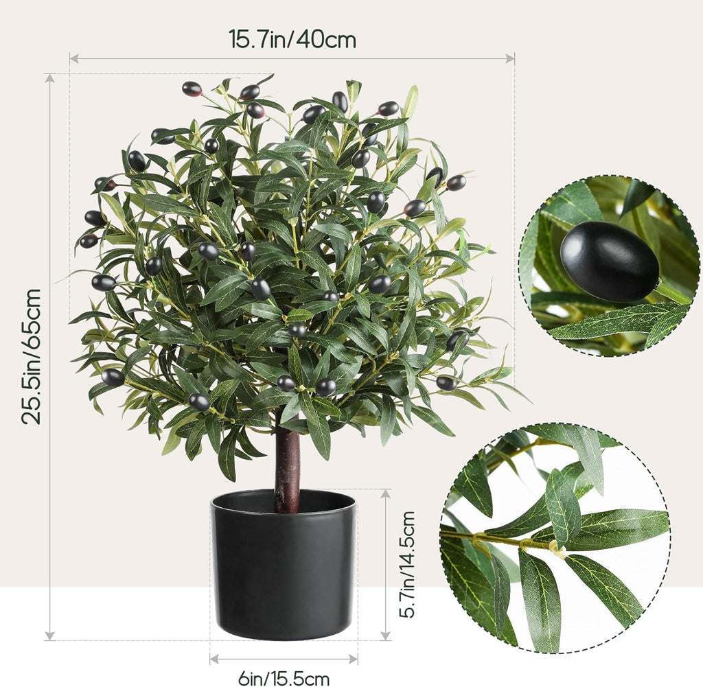 25" Tall Artificial Olive Topiary Ball Tree with Leaves and Fruits, Olive Boxwood Topiary Ball Potted Bushes UV Resistant Potted Plants for Indoor Outdoor Home Garden