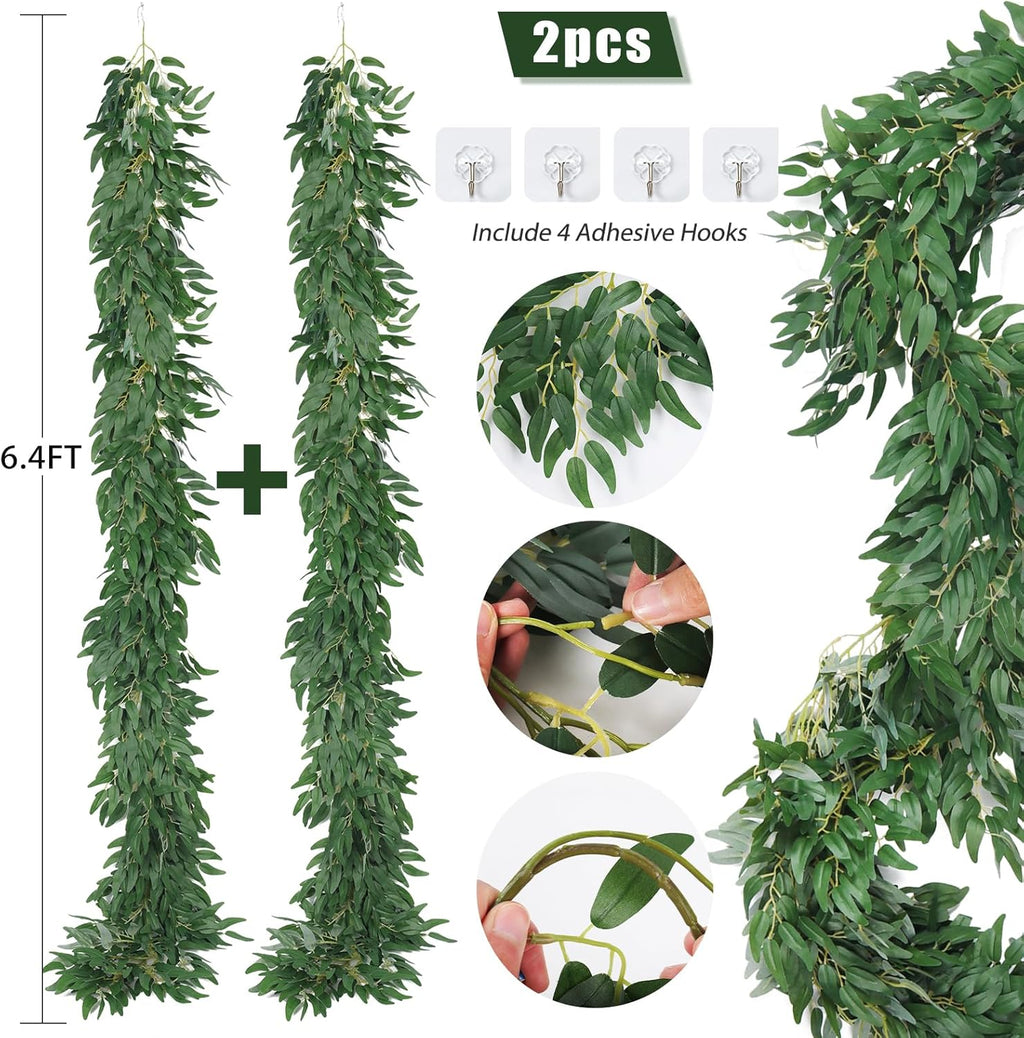 RECUTMS Artificial Willow Leaves Vine Twigs 2Pcs 6Ft Fake Hanging Plant Silk Willows Leaf Ivy Garland Faux Italian Ruscus Greenery Indoor Outdoor Wedding Arch Jungle Beach Birthday Party Garden Decor