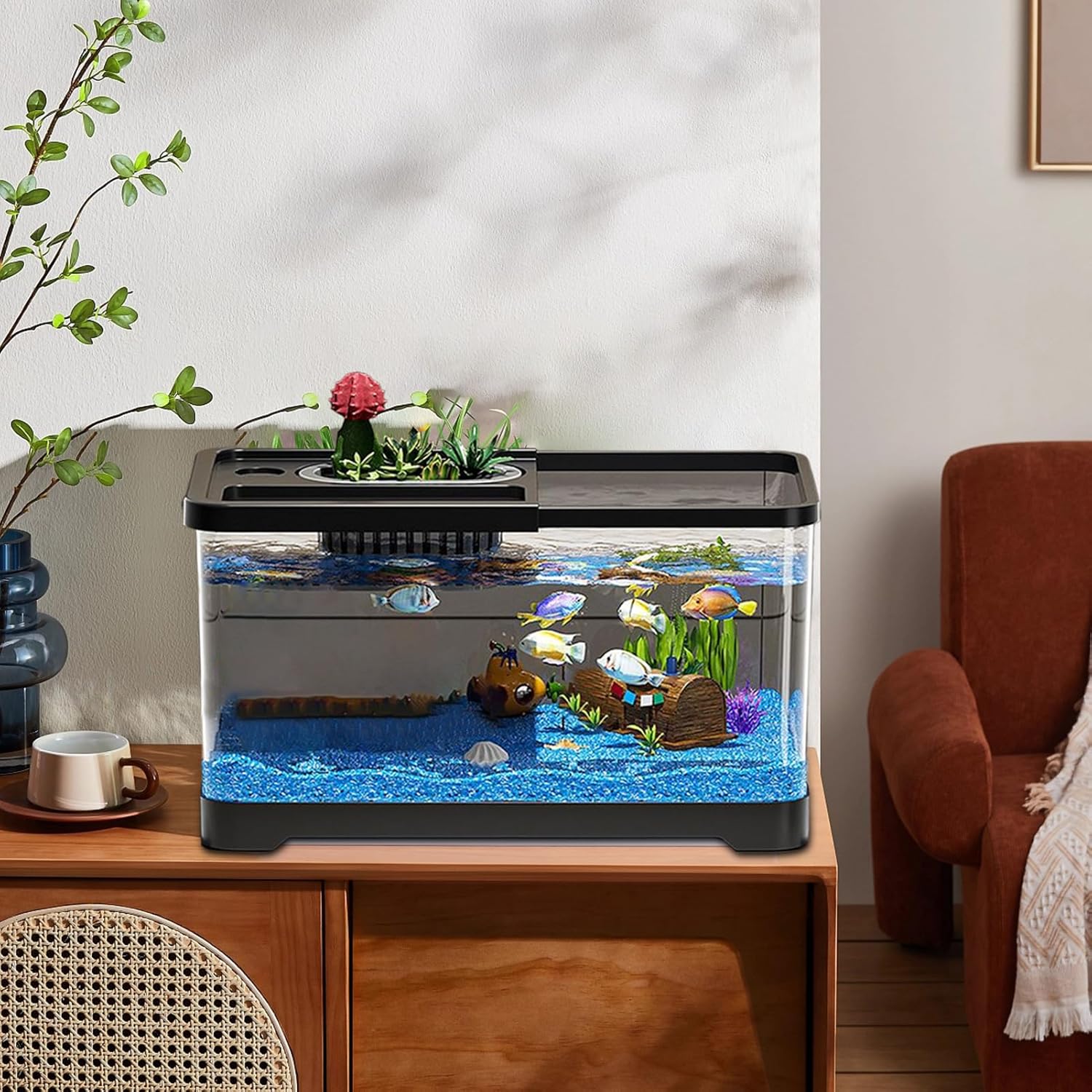 Small Led Aquarium Set, Fish Tank Kit with Tank, Desktop Aquarium with Lid, Plant Culture Dish Fish Scoop Fishes Food Water Plants, Enhancing Visual Appeal of Your Desktop Den
