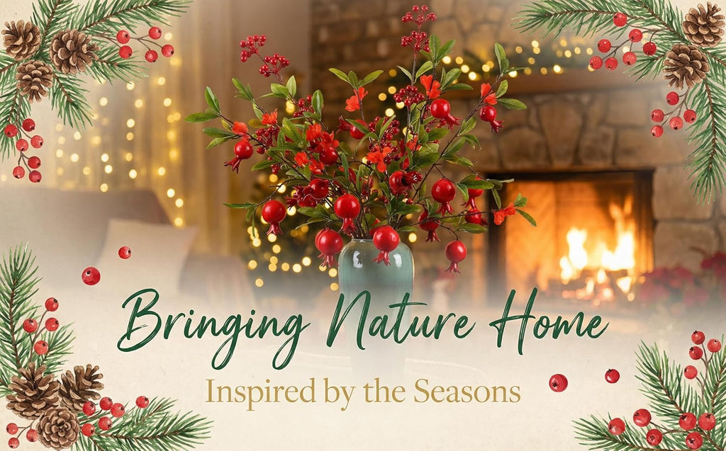 Artificial Pomegranate & Red Berry Stems - Autumn Christmas Decorations for Tree, Wreaths, Table Centerpiece & DIY Crafts