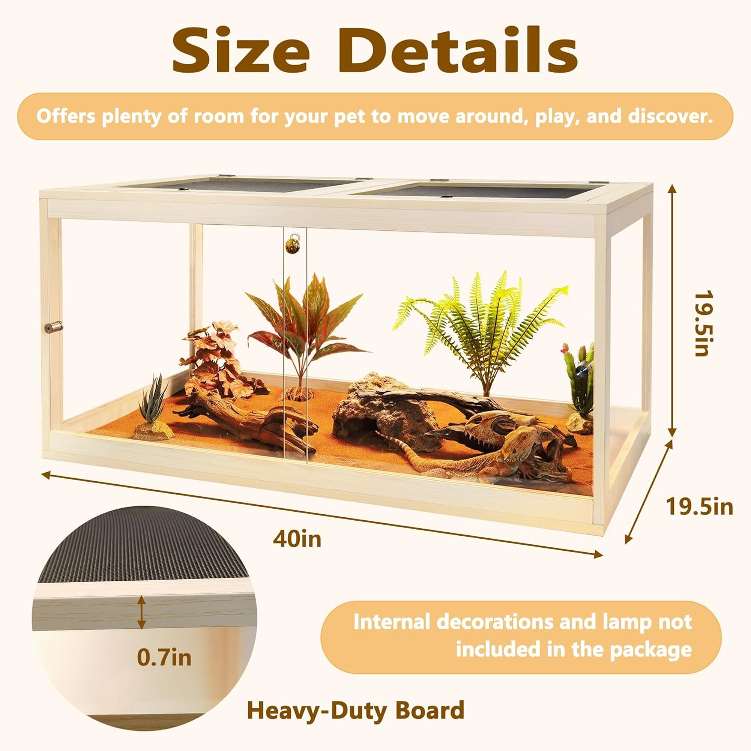PROLEE Retile Tank,Bearded Dragon Tank,Lizard Tank with Metal Mesh Roof Door, Acrylic Panel Snake Tank with Lock Design,Oak,60Gallons