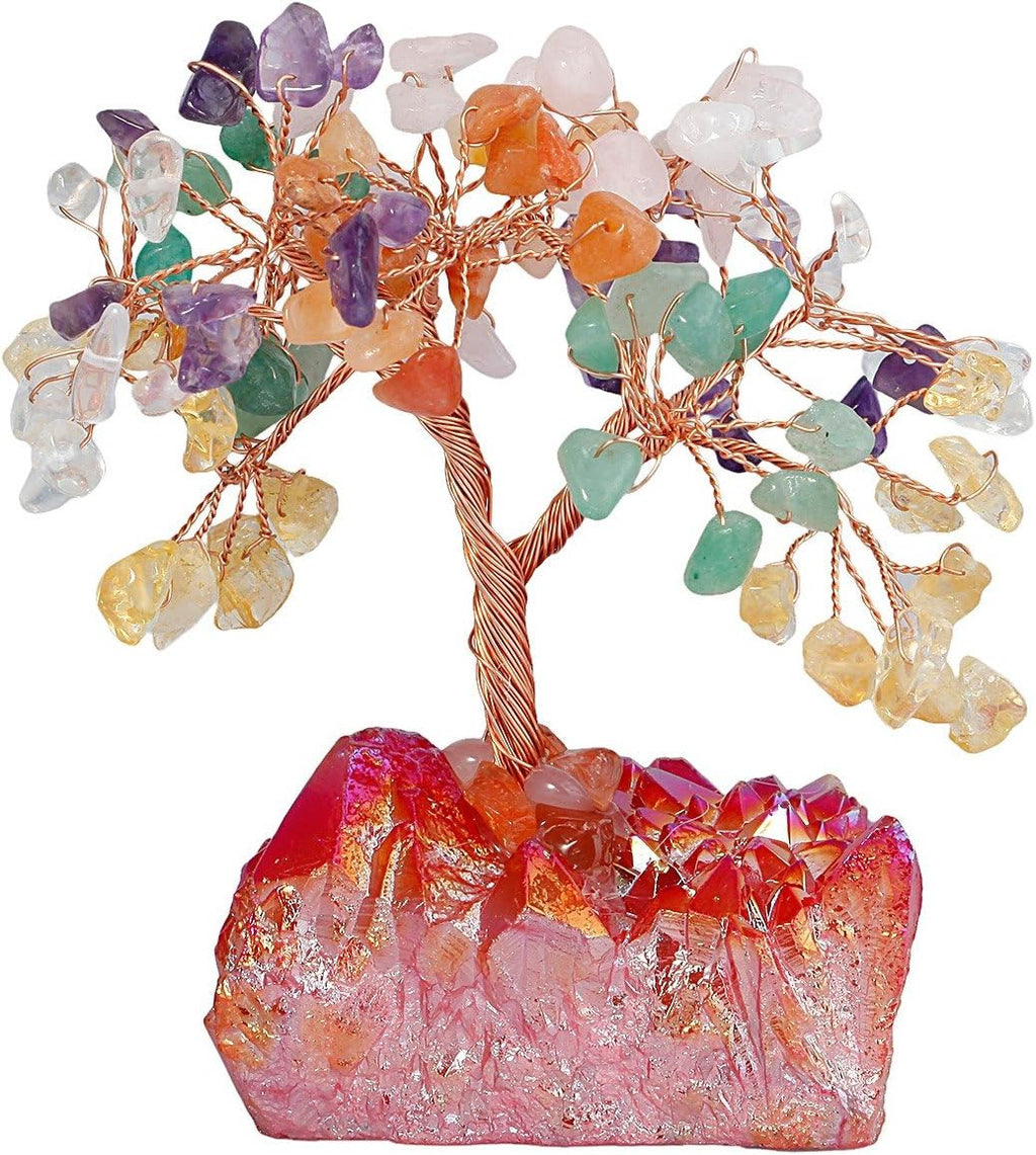 mookaitedecor Colorful Crystal Tree, Quartz Cluster Red Titanium Crystals Base Bonsai Money Tree for Wealth and Luck