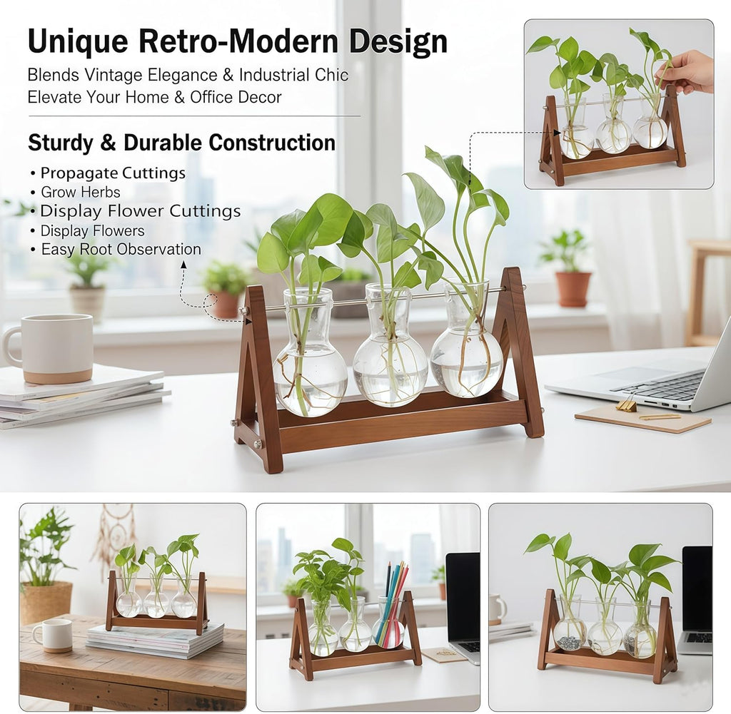 Plant Terrarium with Wooden Stand, 3 Bulb Glass Vase Metal Holder, Retro Hydroponics Planter for Home/Garden/Office Decor, for Women & Mom