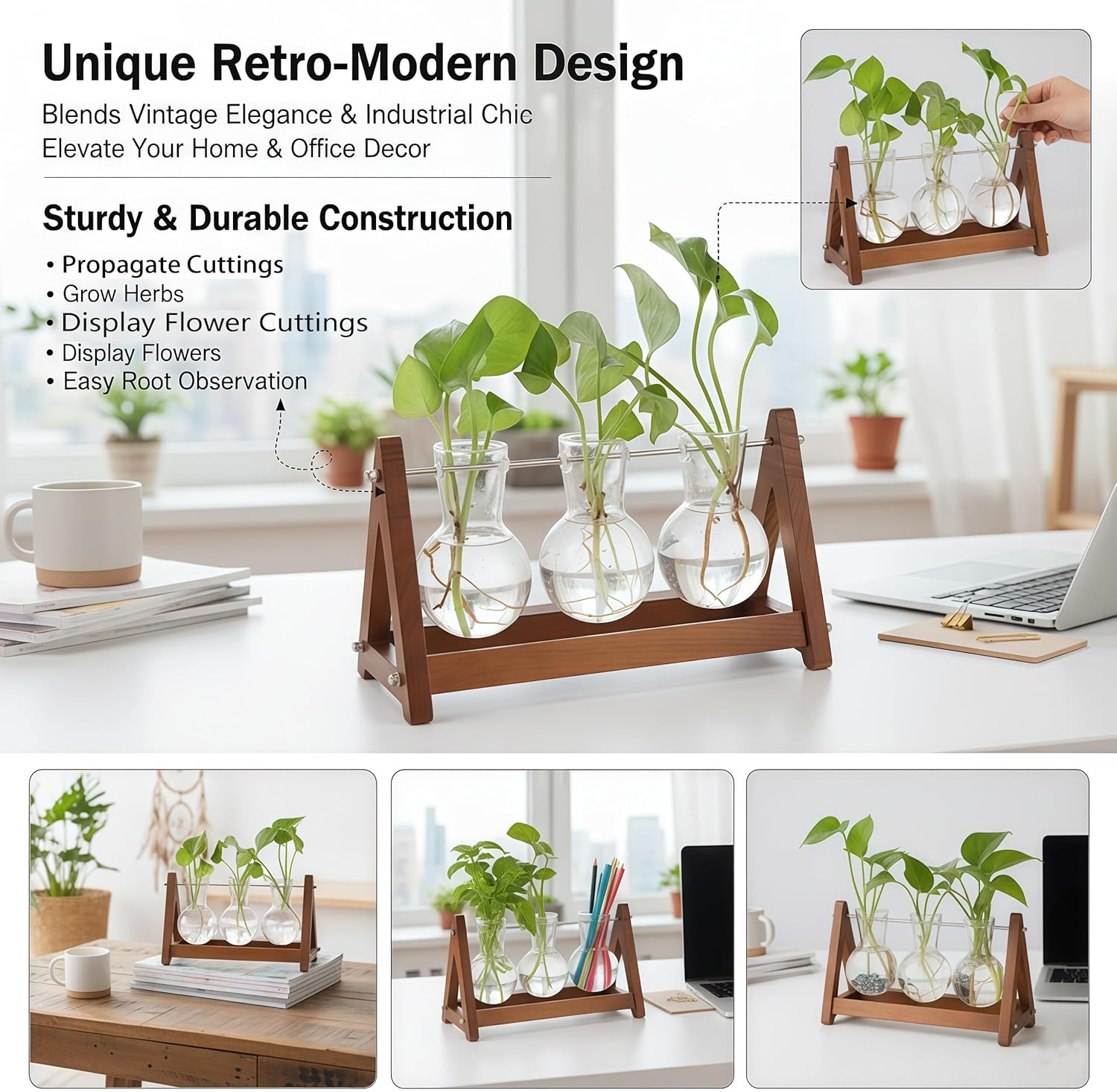 Plant Terrarium with Wooden Stand, 3 Bulb Glass Vase Metal Holder, Retro Hydroponics Planter for Home/Garden/Office Decor, for Women & Mom