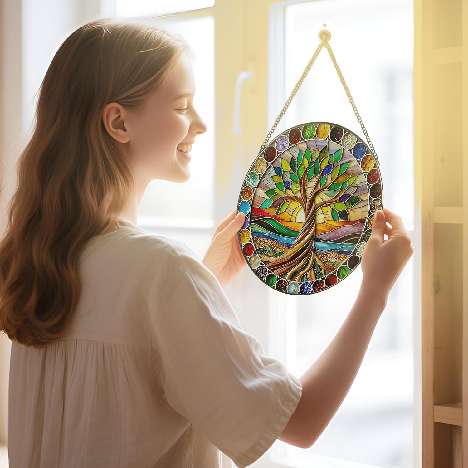 8-Inch Colorful Tree of Life Stained Glass Suncatcher & Ornament – Stained Glass Window Hanging & Decor, Sun Catchers for Windows Indoor, Gifts for Women, Gifts for Christmas, Housewarming Gift