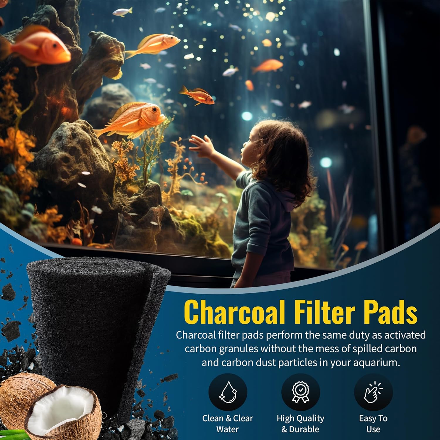 Aquarium Carbon Pad - Cut to Fit Carbon Infused Filter Pad Media for Clean & Clear Fish Tank and Ponds (Carbon filter - 5/8" Thickness, 1 Pack - 10.5" x 72")