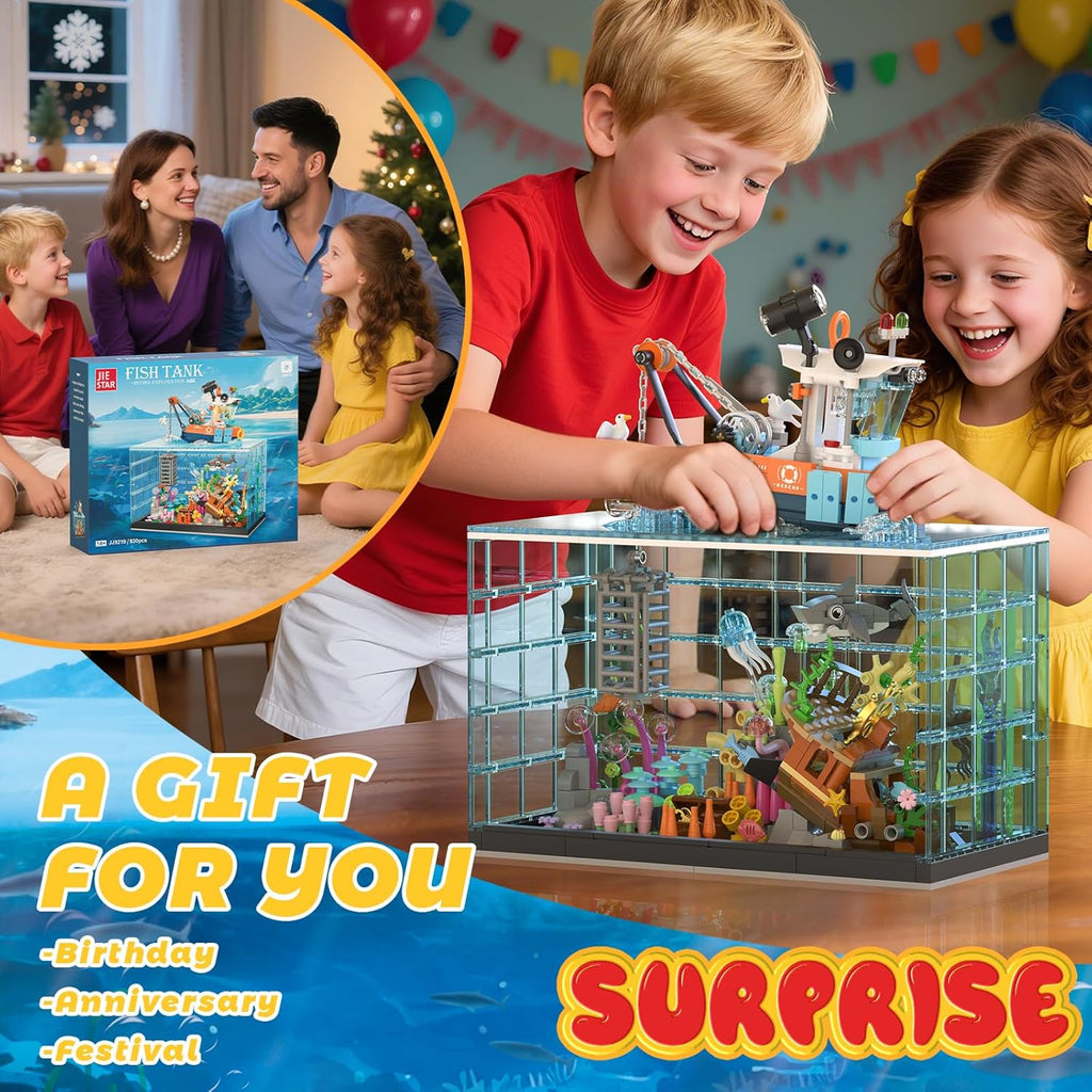 Fish Tank Building Blocks Set, Aquarium Building Set with LED Lights, Including Ocean Shark, Jellyfish, Fishing Boat, STEM Gift for Kids Boys Girls Age 8-12+ and Adults(830PCS)