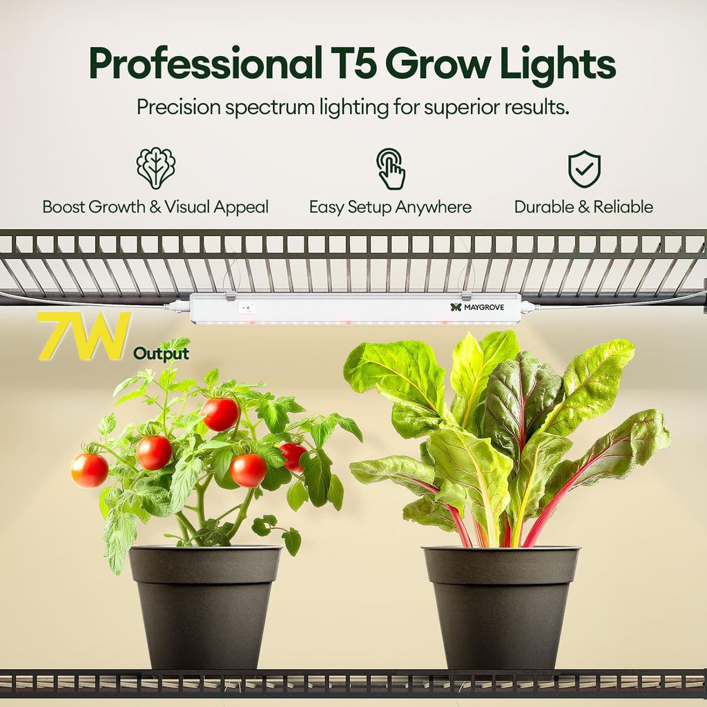 Grow Lights for Indoor Plants 1FT, Red-Enhanced Full Spectrum 5000K Grow Light, 28W(4 x 7W), T5 LED Grow Light Strips for Leafy Greens and Vegetables, High PPFD, Linkable, White, 4-Pack